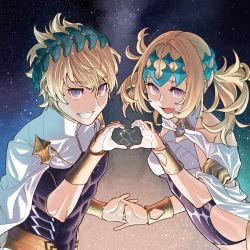 Rule 34 | 1boy, 1girl, armlet, bare shoulders, black shirt, blonde hair, blue eyes, blush, bracer, breasts, brother and sister, castor (fate), closed mouth, collar, constellation, diadem, fate/grand order, fate (series), gemini (constellation), highres, interlocked fingers, looking at viewer, matsu bokkuri, medium hair, metal collar, open mouth, pollux (fate), purple eyes, robe, shirt, short hair, siblings, sky, small breasts, smile, star (sky), starry sky, thighs, twins, white robe