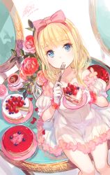 Rule 34 | blonde hair, blue eyes, cake, character request, food, fruit, fuzichoco, highres, mirror, plate, see-through, solo, strawberry, strawberry shortcake