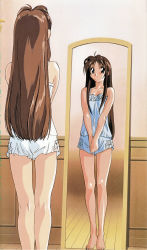 Rule 34 | 1girl, back, barefoot, black eyes, brown hair, feet, highres, indoors, long hair, love hina, mirror, narusegawa naru, non-web source, own hands together, reflection, retro artstyle, scan, sleepwear, solo, standing, v arms