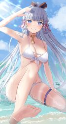 Rule 34 | 1girl, absurdres, arm up, armpits, ayaka (genshin impact), bare arms, bare legs, barefoot, bikini, black bow, blue eyes, blue sky, blunt bangs, bow, breasts, choker, cleavage, cloud, collarbone, day, floating hair, genshin impact, grey hair, grin, groin, hair bow, hair ribbon, high ponytail, highres, long hair, looking at viewer, medium breasts, mole, mole under eye, nibosi, outdoors, red ribbon, ribbon, sitting, skindentation, sky, smile, soles, solo, sunlight, swimsuit, thigh strap, very long hair, white bikini, yellow choker