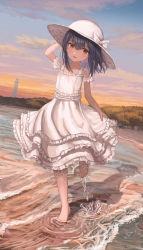 Rule 34 | 1girl, :d, arm up, barefoot, beach, black hair, bow, cloud, collarbone, commentary request, dress, evening, frilled dress, frills, full body, gradient sky, hand on headwear, hat, hat bow, highres, idolmaster, idolmaster shiny colors, lighthouse, long hair, looking at viewer, morino rinze, nemu kotatsu, ocean, open mouth, outdoors, red eyes, running, see-through, shadow, shallow water, shore, short sleeves, skirt hold, sky, smile, solo, sun hat, sunlight, water, white bow, white dress, white hat