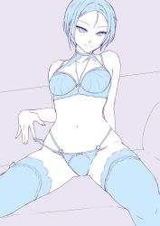 Rule 34 | 1girl, bare shoulders, blue theme, bra, breasts, closed mouth, hi iro, looking at viewer, medium breasts, monochrome, multi-strapped bra, multi-strapped panties, navel, original, panties, short hair, sitting, smile, solo, thighhighs, underwear
