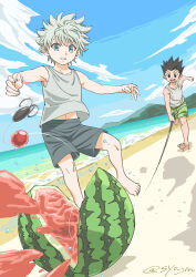 2boys barefoot beach black_hair blue_eyes blue_sky child cloud commentary_request day food fruit full_body gon_freecss highres hunter_x_hunter killua_zoldyck male_focus male_swimwear multiple_boys navel ocean open_mouth outdoors sand shirt short_hair shorts sky smile spiked_hair swim_trunks syo_jin water watermelon white_hair