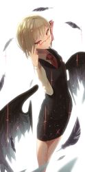Rule 34 | 1girl, absurdres, bad id, bad pixiv id, bespectacled, black wings, blonde hair, blush, feathers, glasses, highres, idemitsu, light particles, long sleeves, looking at viewer, necktie, open mouth, red-framed eyewear, red eyes, rumia, shirt, short hair, simple background, skirt, skirt set, solo, touhou, vest, white background, wings