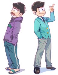Rule 34 | 10s, 2boys, bad id, bad twitter id, black background, brothers, brown hair, formal, hand in pocket, hands in pockets, hood, hoodie, inzup, male focus, mask, matsuno ichimatsu, matsuno karamatsu, mouth mask, multiple boys, osomatsu-kun, osomatsu-san, osomatsu (series), pants, salute, siblings, simple background, smile, suit, surgical mask, track pants, two-finger salute, white background