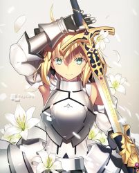Rule 34 | 1girl, ahoge, armor, armored dress, artist name, artoria pendragon (all), artoria pendragon (fate), bare shoulders, blonde hair, breastplate, caliburn (fate), closed mouth, detached sleeves, drawing, drawing sword, dress, elbow gloves, fate/stay night, fate (series), flower, gauntlets, gloves, gradient background, green eyes, highres, holding, holding sword, holding weapon, lily (flower), looking at viewer, magicians (zhkahogigzkh), petals, saber (fate), saber lily, scabbard, sheath, short hair, smile, solo, sword, text focus, unsheathing, watermark, weapon