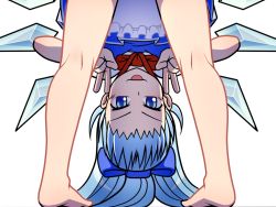 Rule 34 | 1girl, :p, barefoot, bent over, blue eyes, blue hair, bow, cirno, double v, from behind, hair bow, ice, ice wings, iromeki overdrive, kneepits, long hair, matching hair/eyes, out-of-frame censoring, solo, tongue, tongue out, touhou, v, wings