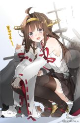 Rule 34 | 10s, 1girl, ahoge, bare shoulders, brown hair, cannon, cat, detached sleeves, headgear, hot, kantai collection, kongou (kancolle), long hair, nontraditional miko, one-hour drawing challenge, sino (sionori), solo, squatting, sweat, twitter username