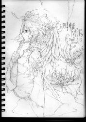 Rule 34 | 1girl, female focus, flower, gradient background, greyscale, hat, melonpan (artist), monochrome, plant, rod of remorse, shiki eiki, short hair, solo, spider lily, touhou, traditional media, white background