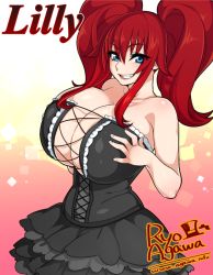 Rule 34 | 1girl, agawa ryou, artist name, bare shoulders, black dress, blue eyes, blush, borrowed character, breasts, character name, cleavage, dress, frills, gradient background, grin, huge breasts, long hair, looking at viewer, no bra, original, red hair, smile, solo, twintails, watermark, web address