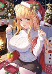 Rule 34 | 1girl, alternate breast size, bell, black skirt, blonde hair, blush, box, bra visible through clothes, breasts, christmas, christmas ornaments, christmas star, christmas tree, comb, date a live, fireplace, gift, gift box, hair bun, happy, hat, highres, hoshimiya mukuro, huge breasts, indoors, large breasts, long hair, long sleeves, looking at viewer, merry christmas, open mouth, red hat, red scarf, red socks, ribbed sweater, santa hat, scarf, sitting, skirt, smile, snowman, socks, solo, star (symbol), sweater, thick thighs, thighhighs, thighs, tsubasaki, turtleneck, turtleneck sweater, white sweater, white thighhighs, yellow eyes