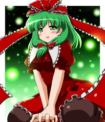 Rule 34 | 1girl, arm support, black thighhighs, blush, bow, breasts, dress, female focus, frills, front ponytail, green eyes, green hair, hair ribbon, highres, kagiyama hina, kamelie, kneeling, long hair, looking at viewer, matching hair/eyes, open mouth, red dress, ribbon, smile, solo, squatting, thighhighs, touhou, v arms