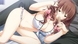 Rule 34 | 1girl, bed, bikini, blush, breasts, brown eyes, brown hair, censored, cleavage, fellatio, game cg, hair ornament, hotch kiss, large breasts, long hair, lying, mikoto akemi, navel, on side, oral, penis, sitting, swimsuit