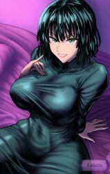 Rule 34 | 1girl, artist name, artist request, bed sheet, breasts, covered navel, dress, female focus, fubuki (one-punch man), green dress, green eyes, green hair, highres, large breasts, long sleeves, looking at viewer, matching hair/eyes, navel, one-punch man, solo
