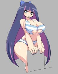 Rule 34 | 1girl, arm support, bikini, blush, breasts, cleavage, cleavage cutout, clothing cutout, female focus, grey background, heart cutout, huge breasts, jadf, large breasts, long hair, nail polish, navel, open mouth, panty &amp; stocking with garterbelt, shiny skin, simple background, solo, stocking (psg), striped bikini, striped clothes, swimsuit, underboob, underboob cutout, very long hair