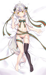 Rule 34 | 1girl, absurdres, ahoge, asymmetrical legwear, barefoot, bed sheet, bell, black panties, black thighhighs, blush, bow, breasts, cameltoe, capelet, closed mouth, collarbone, commentary, duzi teng, fate/grand order, fate (series), feet, full body, fur-trimmed capelet, fur trim, green bow, green ribbon, hair bow, headpiece, highres, jeanne d&#039;arc (fate), jeanne d&#039;arc alter santa lily (fate), long hair, looking away, looking to the side, lying, no shoes, on back, panties, panty pull, ribbon, silver hair, single thighhigh, skindentation, small breasts, solo, striped bow, striped ribbon, thighhighs, toenails, underwear, uneven legwear, very long hair, white capelet, yellow eyes