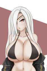 Rule 34 | 1girl, absurdres, alchemist (girls&#039; frontline), bikini, black bikini, black jacket, blush, breasts, brown background, chestnut mouth, collarbone, commentary, covered erect nipples, english commentary, eyepatch, girls&#039; frontline, hair over one eye, highres, huge breasts, jacket, kentumatsu, long hair, looking at viewer, navel, off shoulder, open clothes, open jacket, open mouth, sangvis ferri, simple background, skindentation, solo, swimsuit, twitter username, two-tone background, upper body, very long hair, white background, white hair, yellow eyes