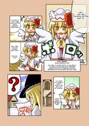 Rule 34 | 2girls, ?, ^^^, bandages, blonde hair, blush, blush stickers, bow, comic, english text, female focus, finger to mouth, hard-translated, hat, hat bow, head bump, herada mitsuru, house, kirisame marisa, letter, lily white, mailbox, multiple girls, pencil, spoken question mark, spring (season), tears, third-party edit, touhou, translated, white wings, wings, writing, yellow eyes
