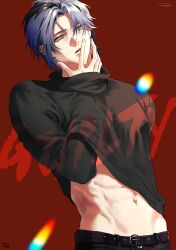 Rule 34 | 0pa158, 1boy, belt, black hair, black pants, black shirt, blue hair, clothes lift, covering own mouth, green eyes, grey hair, guilty challenge (meme), hand over own mouth, hex haywire, highres, long sleeves, male focus, meme, midriff, multicolored hair, navel, nijisanji, nijisanji en, pants, red background, shirt, shirt lift, stomach, streaked hair, virtual youtuber
