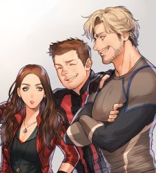 Rule 34 | 1girl, 2boys, animification, avengers: age of ultron, avengers (series), beard, breasts, brother and sister, brown hair, cleavage, clint barton, closed eyes, crossed arms, earrings, facial hair, fingerless gloves, gloves, green eyes, grey hair, happy, hawkeye (marvel), jacket, jewelry, marvel, marvel cinematic universe, multiple boys, necklace, onegingek, pietro maximoff, quicksilver, scarlet witch, siblings, smile, wanda maximoff