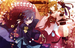 Rule 34 | 1boy, 1girl, bare shoulders, bell, blue eyes, blue fire, blue hair, bow, brown eyes, brown hair, corsage, detached sleeves, fingerless gloves, fire, flower, gloves, hair ornament, japanese clothes, kaito (vocaloid), lantern, leaf, long sleeves, looking at viewer, maple leaf, mask, meiko (vocaloid), meteoride, oil-paper umbrella, ribbon, short hair, smile, umbrella, vocaloid, wide sleeves, yoshiki
