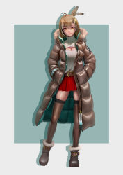 Rule 34 | 1girl, absurdres, ahoge, alternate costume, belt, belt boots, belt buckle, boots, braid, braided bangs, breasts, brown coat, brown eyes, brown footwear, brown hair, brown thighhighs, buckle, cleavage, cleavage cutout, closed mouth, clothing cutout, coat, commission, contrapposto, crossed bangs, drop shadow, ear piercing, english text, eyeshadow, feather hair ornament, feathers, full body, fur-trimmed coat, fur trim, gold, hair ornament, hands in pockets, highres, hololive, hololive english, hood, hood down, hooded coat, large breasts, lips, long bangs, long coat, long hair, long sleeves, looking at viewer, makeup, meme attire, miniskirt, multicolored coat, multicolored hair, myo-zin, nanashi mumei, nose, open-chest sweater, piercing, pleated skirt, product placement, realistic, red skirt, ribbed sweater, runes, shiny clothes, simple background, skirt, smile, straight-on, streaked hair, sweater, sweater tucked in, thighhighs, turtleneck, turtleneck sweater, two-tone coat, virtual youtuber, white sweater, winter clothes, winter coat, zettai ryouiki