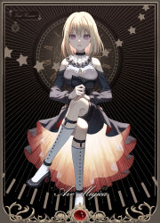Rule 34 | 1girl, ascot, bang dream!, bang dream! it&#039;s mygo!!!!!, black background, black dress, black footwear, black shorts, blonde hair, chinese commentary, clock, closed mouth, clothing cutout, commentary request, cursive, dress, english text, expressionless, full body, high heels, highres, invisible chair, kneehighs, long sleeves, medium hair, misumi uika, purple eyes, shorts, shoulder cutout, sitting, socks, solo, star (symbol), white ascot, white socks, xukong