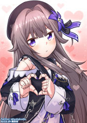 Rule 34 | 1girl, aiguillette, black coat, brooch, brown hair, chain, closed mouth, coat, doll joints, hair intakes, hair ribbon, heart, heart hands, herta (honkai: star rail), honkai: star rail, honkai (series), hoshokusha, jewelry, joints, long hair, long sleeves, looking at viewer, off shoulder, purple eyes, purple nails, purple ribbon, ribbon, sidelocks, solo, upper body, very long hair