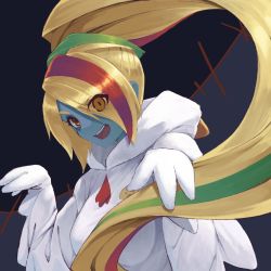 Rule 34 | 10s, 1girl, animal costume, blonde hair, chicken costume, hair over one eye, highres, long hair, looking at viewer, multicolored hair, namicha, nikaidou saki, open mouth, ponytail, scar, scar on face, smile, solo, streaked hair, yellow eyes, zombie, zombie land saga