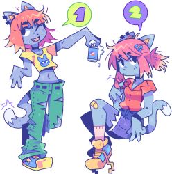Rule 34 | 1girl, ;d, animal ears, animal nose, animal print, arm up, bandaid, bandaid on knee, bandaid on leg, black choker, black eyes, black wristband, blue footwear, blue shorts, blunt bangs, body fur, calf socks, can, cat ears, cat girl, cat tail, choker, claws, closed mouth, collarbone, collared shirt, crop top, cutoff jeans, cutoffs, denim, denim shorts, dot mouth, drink, drink can, ear piercing, fang, from side, full body, furry, furry female, graskip, green pants, hair between eyes, hair ornament, twirling hair, hairclip, hand up, holding, holding can, holding drink, invisible chair, inward v, jaggy lines, jeans, knees up, leg up, looking at viewer, looking to the side, midriff, mismatched eyebrows, motion lines, multicolored footwear, multiple piercings, multiple views, navel, one eye closed, open mouth, original, outstretched arm, pants, pepsi, piercing, pink hair, pink socks, playing with own hair, print footwear, print shirt, product placement, rabbit print, red hair, red shirt, shirt, shirt tucked in, shoelaces, shoes, short hair, short ponytail, short sleeves, shorts, shy, simple background, sitting, smile, sneakers, socks, soda, soda can, speech bubble, spilling, spoken number, standing, star (symbol), star print, swept bangs, t-shirt, tail, terri (graskip), thick eyebrows, torn clothes, torn jeans, torn pants, two-tone footwear, unkempt, untied footwear, v, w, white background, wing collar, wristband, yellow footwear, yellow shirt