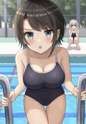 2girls :o absurdres black_one-piece_swimsuit blue_eyes blurry blush breasts chain-link_fence cleavage climbing_ladder commentary covered_navel depth_of_field fence frown green_eyes grey_hair hands_on_own_cheeks hands_on_own_face head_rest highres hisui_(user_zvkr2432) hololive lane_line large_breasts multiple_girls one-piece_swimsuit oozora_subaru open_mouth pool pool_ladder poolside shirogane_noel short_hair solo_focus squatting swept_bangs swimsuit v-shaped_eyebrows virtual_youtuber water wet wet_clothes wet_swimsuit