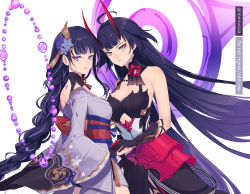 Rule 34 | 2girls, absurdres, ahoge, armor, bare shoulders, black dress, black gloves, blue pupils, braid, breasts, bridal gauntlets, choker, cleavage, collarbone, commentary, company connection, crossover, dress, english commentary, flower, genshin impact, gloves, hair flower, hair ornament, highres, holding hands, honkai (series), honkai impact 3rd, horns, japanese armor, japanese clothes, kimono, long hair, long sleeves, looking at viewer, low-braided long hair, low-tied long hair, magic circle, medium breasts, meuwzza (me zwa), mihoyo, mitsudomoe (shape), mole, mole under eye, multiple girls, name connection, obi, obiage, obijime, oni horns, print kimono, purple eyes, purple flower, purple hair, purple kimono, raiden mei, raiden mei (herrscher of thunder), raiden shogun, red horns, red pupils, red ribbon, ribbon, ribbon choker, sash, shoulder blades, shrug (clothing), tomoe (symbol), twitter username, very long hair, wide sleeves