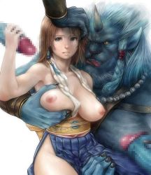 Rule 34 | 00s, 1girl, armpits, artist request, beads, blue eyes, blue hair, blue hakama, blue skin, bracer, braid, breasts, brown hair, censored, clothed sex, colored skin, dress, final fantasy, final fantasy x, fingernails, grabbing, grabbing another&#039;s breast, group sex, hair ornament, hakama, hakama skirt, hand on another&#039;s head, handjob, horns, huge penis, interspecies, japanese clothes, jewelry, large breasts, leg grab, long fingernails, long hair, monster, mosaic censoring, nail, nail polish, necklace, nipples, no bra, no panties, open mouth, penis, pointy ears, pov, ronso, sex, short hair, simple background, sitting, sitting on lap, sitting on person, skirt, tongue, yellow eyes, yuna, yuna (ff10)