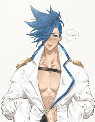 Rule 34 | 1boy, abs, asymmetrical hair, blue eyes, blue hair, blush, clothes pull, english text, epaulettes, eyes visible through hair, galo thymos, highres, jacket, jacket pull, looking at viewer, male focus, mealove1218, mohawk, muscular, muscular male, oversized clothes, parted lips, pectoral cleavage, pectorals, promare, sidecut, spiked hair, topless male, undercut