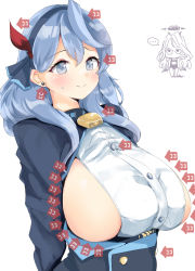 Rule 34 | ..., 2girls, ako (blue archive), bell, blue archive, blue eyes, blue hair, breasts, chibi, commentary request, hair between eyes, hairband, hina (blue archive), large breasts, medium hair, multiple girls, neck bell, pointing, seigo (seigou), sideboob, simple background, sweatdrop, white background