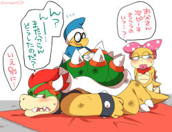 Rule 34 | 1boy, 1girl, 1other, arms behind back, artist name, averting eyes, bandages, black-framed eyewear, blue eyes, blue headwear, blue robe, blush, bow, bowser, bracelet, bruise, claws, colored skin, eromame, flying sweatdrops, forked eyebrows, full body, furry, furry female, furry male, glasses, green skin, hair bow, half-closed eyes, hat, injury, japanese text, jewelry, kamek, large bow, lizard tail, long sleeves, looking at another, looking back, looking to the side, lying, mario (series), multicolored skin, necklace, nintendo, on stomach, opaque glasses, open mouth, orange skin, pearl necklace, pink bow, pink lips, polka dot, polka dot bow, red eyes, red hair, reptile boy, reptile girl, robe, round eyewear, sharp teeth, short hair, signature, simple background, speech bubble, spiked bracelet, spiked shell, spikes, standing, super mario world, sweat, tail, talking, teeth, text focus, thick eyebrows, towel, translated, twitter username, two-tone skin, wendy o. koopa, white background