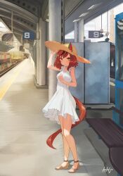 Rule 34 | 1girl, absurdres, animal ears, arm up, arpeggio kaga, bench, breasts, brown hair, closed mouth, commission, dress, ear covers, ears through headwear, full body, hand on headwear, hat, highres, horse ears, horse girl, horse tail, looking at viewer, medium hair, multicolored hair, nice nature (umamusume), orange eyes, outdoors, sandals, signature, skeb commission, sleeveless, sleeveless dress, small breasts, solo, standing, strappy heels, straw hat, streaked hair, tail, toes, train, train station, twintails, umamusume, white dress