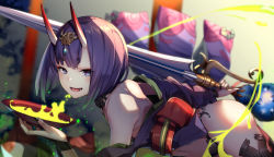 Rule 34 | 1girl, bare shoulders, blush, bob cut, breasts, bridal gauntlets, cup, eyeliner, fangs, fate/grand order, fate (series), headpiece, horns, japanese clothes, kimono, kouda hayato (e-gis), long sleeves, looking at viewer, makeup, obi, off shoulder, oni, open mouth, purple eyes, purple hair, purple kimono, revealing clothes, sakazuki, sash, short hair, shuten douji (fate), skin-covered horns, small breasts, smile, sword, thighs, weapon, wide sleeves