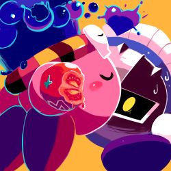 Rule 34 | 1boy, 1other, blush stickers, closed eyes, copy ability, expressive clothes, face-to-face, facing another, food, gloves, headband, kirby, kirby: planet robobot, kirby (series), kiss, knight, mask, maxim tomato, meta knight, nintendo, poison, scared, simple background, striped clothes, striped headwear, sweat, tomato, yellow background, yellow eyes