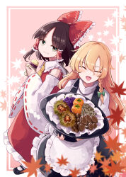 Rule 34 | 2girls, apron, ascot, blonde hair, blush, bow, braid, brown eyes, brown hair, chestnut, closed eyes, closed mouth, deetamu, detached sleeves, eating, food, frilled apron, frilled skirt, frills, fruit, grapes, hair bow, hair tubes, hakurei reimu, highres, holding, holding food, japanese clothes, kirisame marisa, leaf, long hair, maple leaf, multiple girls, mushroom, nontraditional miko, open mouth, persimmon, red bow, red skirt, ribbon-trimmed sleeves, ribbon trim, roasted sweet potato, shirt, sidelocks, single braid, skirt, smile, sweet potato, touhou, waist apron, white apron, white shirt, white sleeves, wide sleeves, yellow ascot