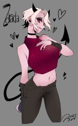 Rule 34 | 1girl, absurdres, amiri ari, black horns, black pants, black tail, breasts, character name, choker, commentary request, cowboy shot, crop top, demon girl, demon horns, demon tail, ear piercing, earrings, fingerless gloves, gloves, hand on own chest, heart, helltaker, highres, horns, jewelry, lip piercing, midriff, navel, nose piercing, pants, piercing, red eyes, red shirt, ribbed sweater, shirt, short hair, signature, simple background, sleeveless, sleeveless sweater, solo, sweater, tail, white hair, zdrada (helltaker)