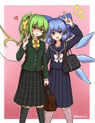 Rule 34 | 2girls, :d, alternate costume, bag, black serafuku, black skirt, black socks, blue eyes, blue hair, blush, bow, bowtie, cirno, commentary request, daiyousei, detached wings, double v, fairy wings, feet out of frame, gradient background, green eyes, green hair, heart, highres, holding, holding bag, ice, ice wings, long sleeves, looking at viewer, multiple girls, open mouth, pink background, pleated skirt, school uniform, serafuku, shitacemayo, side ponytail, skirt, smile, socks, standing, striped clothes, striped skirt, sweatdrop, touhou, transparent wings, twitter username, v, white bow, white socks, wings, yellow bow, yellow bowtie