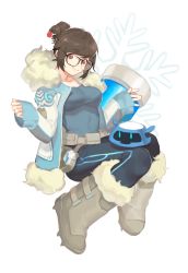 Rule 34 | 1girl, absurdres, bahao diqiu, beads, belt, belt pouch, black-framed eyewear, blue legwear, boots, breasts, brown eyes, brown hair, canister, coat, collarbone, drone, fingernails, fur-trimmed boots, fur-trimmed coat, fur coat, fur trim, glasses, gloves, hair bun, hair ornament, hair stick, highres, invisible chair, jacket, knees together feet apart, long sleeves, looking at viewer, medium breasts, mei (overwatch), open clothes, open coat, open jacket, overwatch, overwatch 1, pouch, robot, short hair, simple background, single hair bun, sitting, sleeves past wrists, smile, snowball (overwatch), solo, tank top, white background