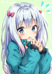 Rule 34 | 10s, 1girl, blue eyes, blush, bow, eromanga sensei, hair between eyes, hair bow, izumi sagiri, jacket, long hair, looking at viewer, open mouth, own hands together, pink bow, riichu, silver hair, solo, steepled fingers