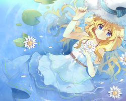 Rule 34 | 1girl, blonde hair, blue eyes, bow, bracelet, chocho (homelessfox), dress, flower, hand on own chest, hat, jewelry, lily pad, long hair, lying, on back, original, partially submerged, petals, ribbon, solo, submerged, sun hat, water