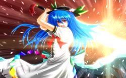 Rule 34 | 1girl, bad id, bad pixiv id, blue hair, bow, dress, female focus, food, fruit, hat, highres, hinanawi tenshi, long hair, nekominase, open mouth, peach, red eyes, solo, sword, sword of hisou, touhou, weapon