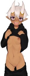 Rule 34 | 1girl, :d, ahoge, artist name, black hoodie, breasts, brown eyes, cleft of venus, clothes lift, clothes pull, commentary, english commentary, glasses, gluteal fold, hair between eyes, hands on own chest, highres, hood, hood down, hoodie, hoodie lift, horns, lifting own clothes, long sleeves, looking at viewer, navel, nervous smile, nipples, no bra, no panties, open mouth, original, pointy ears, purple-tinted eyewear, pussy, round eyewear, semi-rimless eyewear, short hair, simple background, small breasts, smile, solo, stomach, sweat, tinted eyewear, uncensored, under-rim eyewear, white background, white hair, yoako