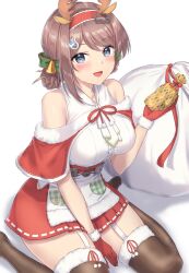 Rule 34 | 1girl, antlers, bell, black thighhighs, blush, breasts, brown hair, chougei (kancolle), commentary request, fake horns, garter straps, gloves, grey eyes, highres, horns, kantai collection, large breasts, monoku, official alternate costume, open mouth, red gloves, reindeer antlers, sack, santa costume, short hair, simple background, sitting, smile, solo, thighhighs, wariza, white background
