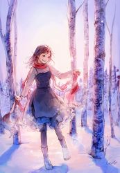 Rule 34 | 1girl, backlighting, bare tree, blurry, blush, boots, brown eyes, brown hair, commentary, dancing, depth of field, dress, forest, happy, long hair, morning, nature, open mouth, original, outdoors, pantyhose, scarf, shadow, signature, smile, snow, solo, standing, standing on one leg, tree, tsubaki (teatime0), winter