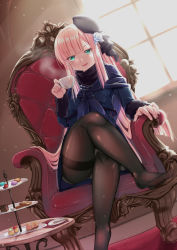 Rule 34 | 1girl, blue dress, chair, commentary, crossed legs, cup, dress, dutch angle, english commentary, fate/grand order, fate (series), flower, green eyes, hair between eyes, hair flower, hair ornament, hat, holding, holding cup, indoors, light particles, long hair, long sleeves, looking at viewer, lord el-melloi ii case files, mini hat, open mouth, pantyhose, pink hair, reines el-melloi archisorte, scone, sesield, sidelocks, sitting, solo, table, very long hair, window